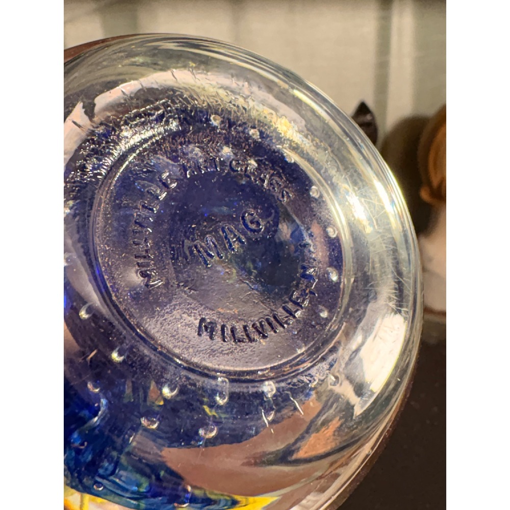 Millville Art Glass Firefighter Paperweight Cobalt Blue Controlled Bubble Yellow - Picture 2 of 2